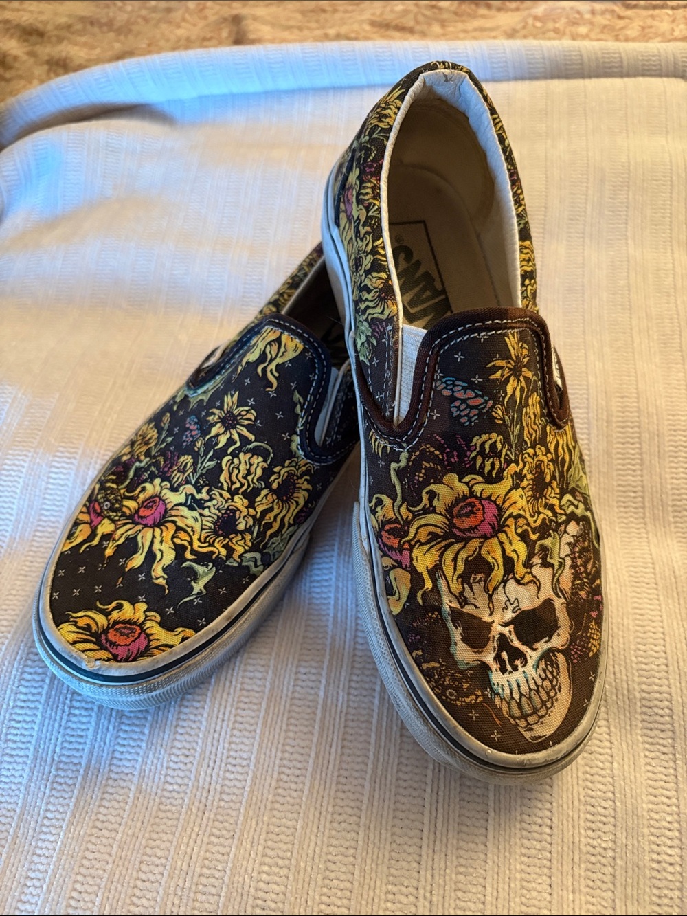Vans Slip-On Sneakers with Yellow & Pink Skull Floral Print